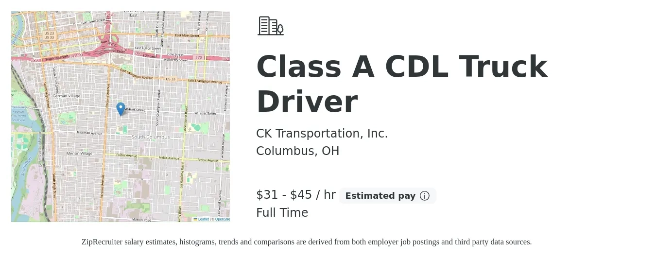 CK Transportation, Inc. job posting for a Class A CDL Truck Driver in Columbus, OH with a salary of $32 to $48 Hourly with a map of Columbus location.