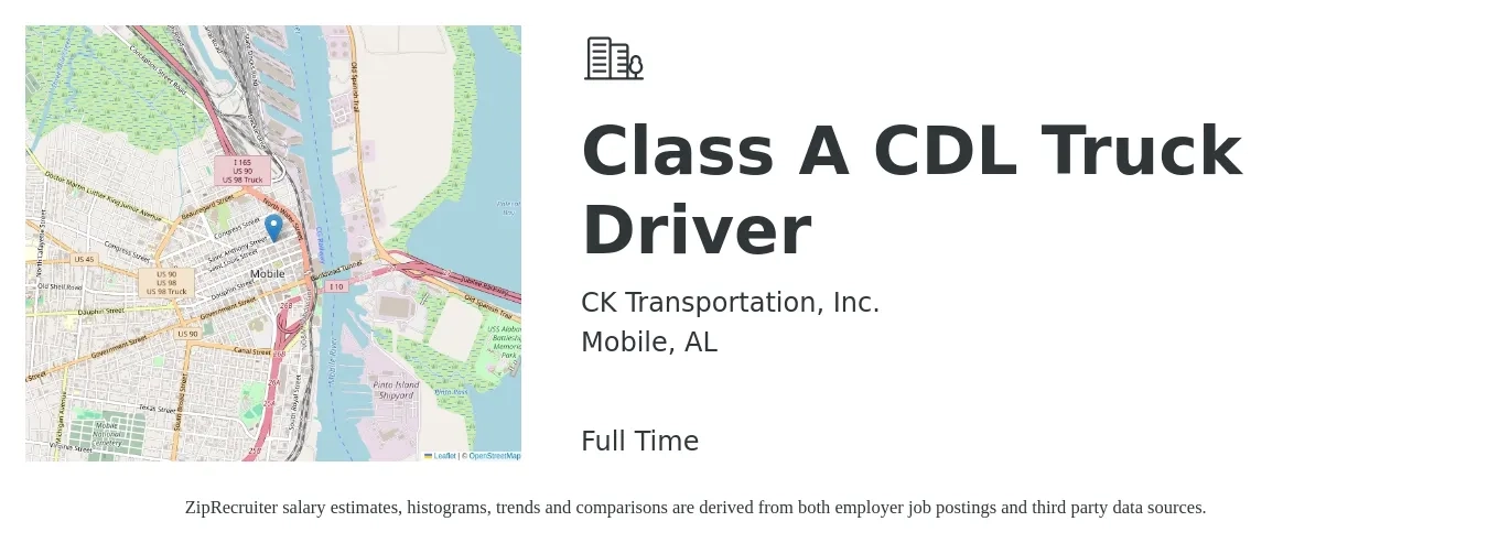 CK Transportation, Inc. job posting for a Class A CDL Truck Driver in Mobile, AL with a salary of $1,200 to $1,500 Weekly with a map of Mobile location.
