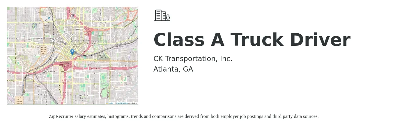 CK Transportation, Inc. job posting for a Class A Truck Driver in Atlanta, GA with a salary of $1,100 to $1,600 Weekly with a map of Atlanta location.