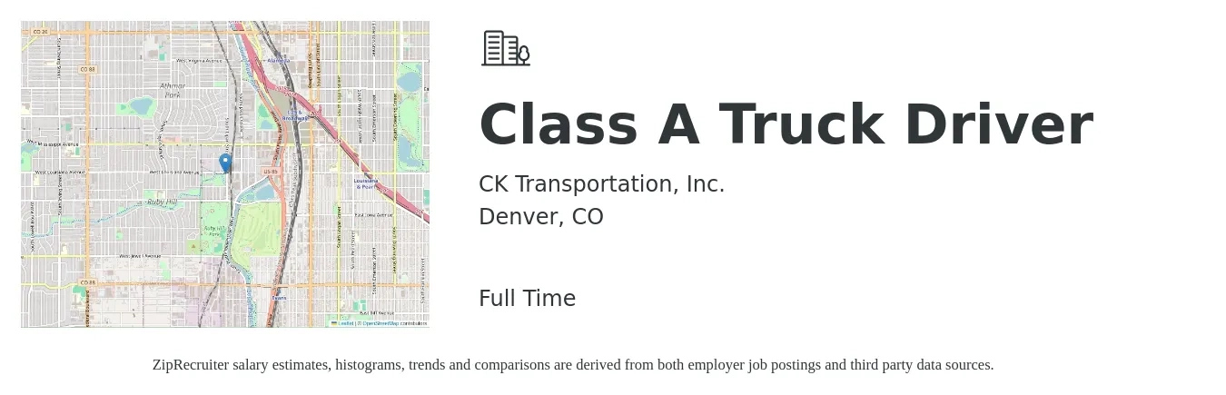 CK Transportation, Inc. job posting for a Class A Truck Driver in Denver, CO with a salary of $1,200 to $1,600 Weekly with a map of Denver location.