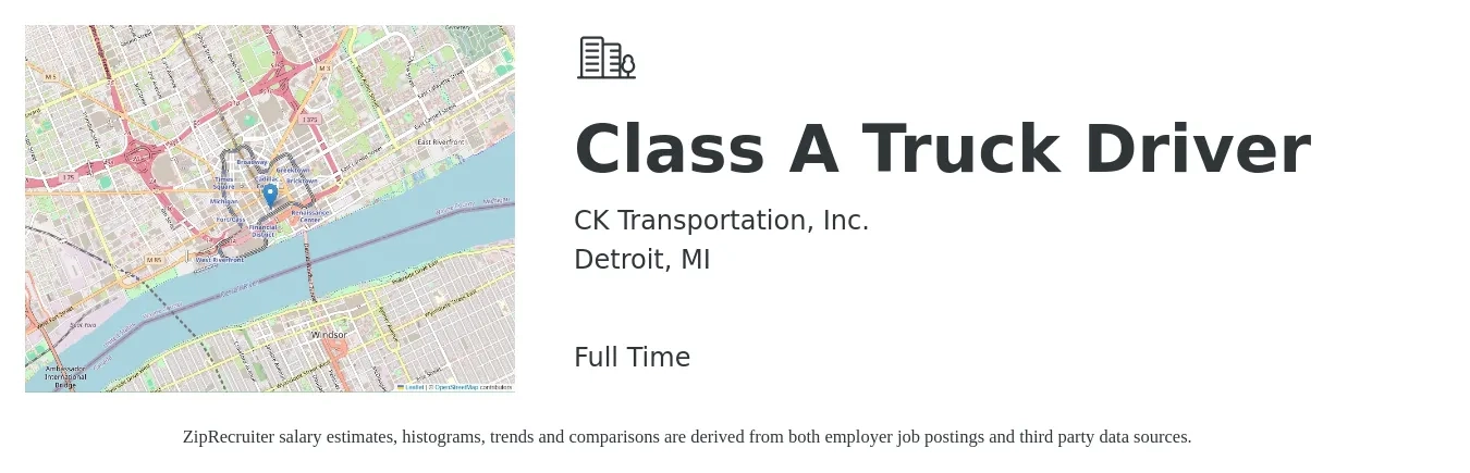 CK Transportation, Inc. job posting for a Class A Truck Driver in Detroit, MI with a salary of $1,200 to $1,500 Weekly with a map of Detroit location.