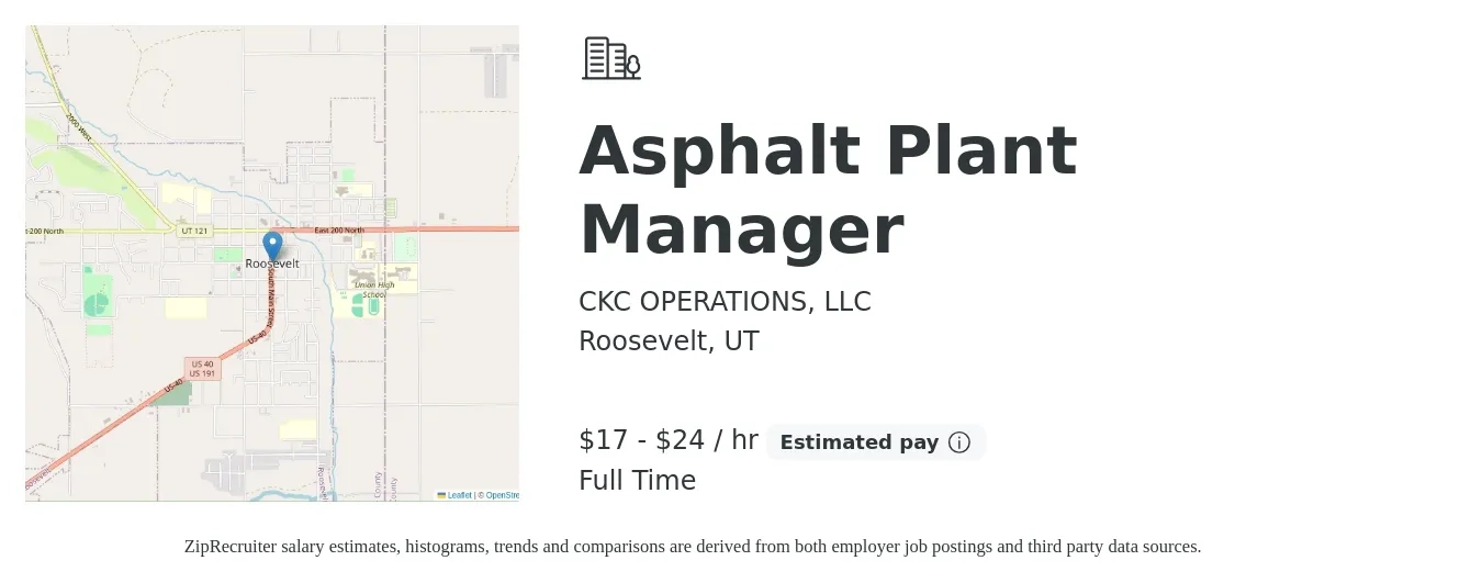 CKC OPERATIONS, LLC job posting for a Asphalt Plant Manager in Roosevelt, UT with a salary of $18 to $25 Hourly with a map of Roosevelt location.