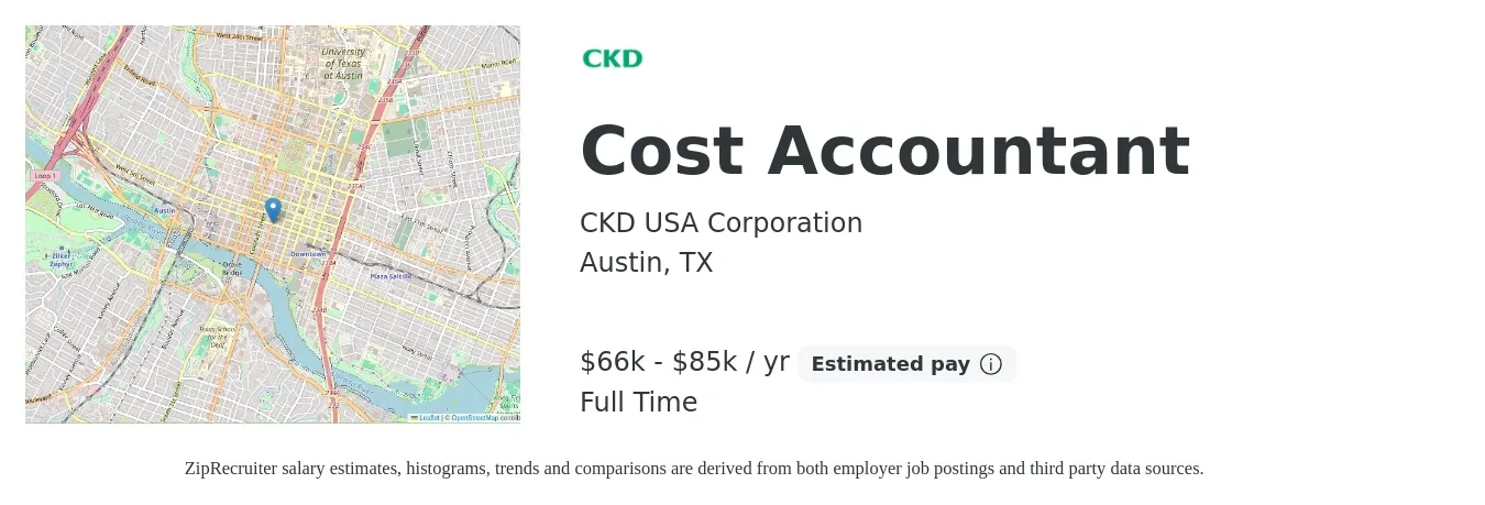 CKD USA Corporation job posting for a Cost Accountant in Austin, TX with a salary of $66,000 to $85,000 Yearly with a map of Austin location.