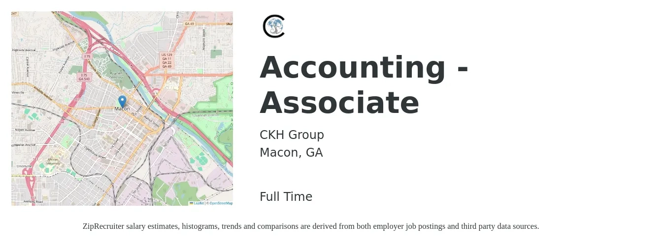 CKH Group job posting for a Accounting - Associate in Macon, GA with a salary of $20 to $28 Hourly with a map of Macon location.