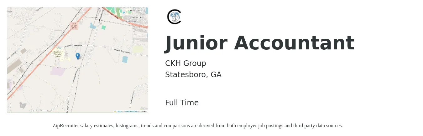 CKH Group job posting for a Junior Accountant in Statesboro, GA with a salary of $41,200 to $52,000 Yearly with a map of Statesboro location.