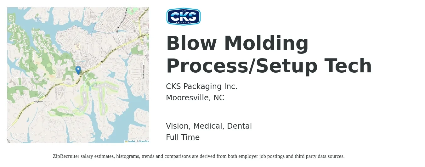 CKS Packaging Inc. job posting for a Blow Molding Process/Setup Tech in Mooresville, NC with a salary of $19 to $28 Hourly and benefits including dental, life_insurance, medical, pto, retirement, and vision with a map of Mooresville location.