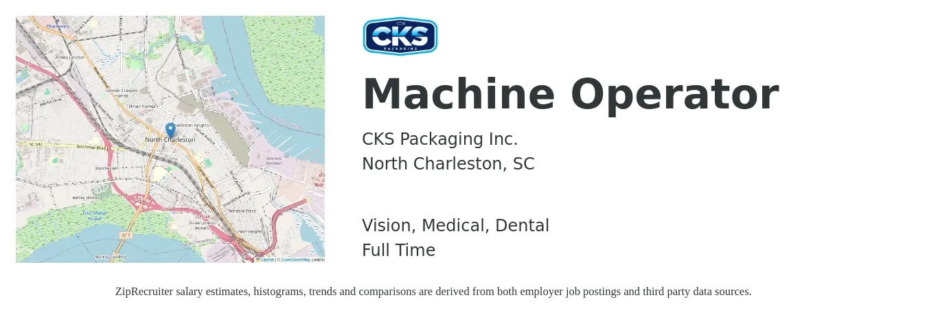 CKS Packaging Inc. job posting for a Machine Operator in North Charleston, SC with a salary of $16 to $19 Hourly and benefits including dental, life_insurance, medical, pto, retirement, and vision with a map of North Charleston location.