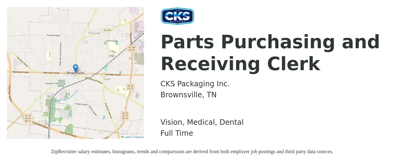 CKS Packaging Inc. job posting for a Parts Purchasing and Receiving Clerk in Brownsville, TN with a salary of $14 to $18 Hourly and benefits including medical, pto, retirement, vision, dental, and life_insurance with a map of Brownsville location.