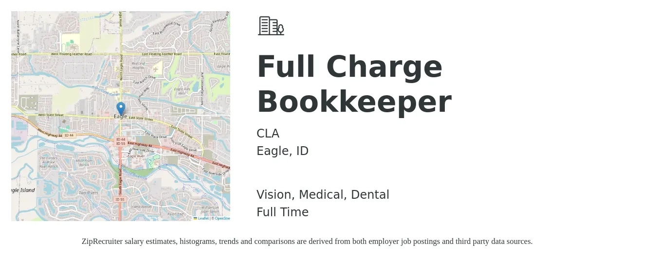 CLA job posting for a Full Charge Bookkeeper in Eagle, ID with a salary of $47,800 to $64,000 Yearly and benefits including vision, dental, life_insurance, medical, pto, and retirement with a map of Eagle location.