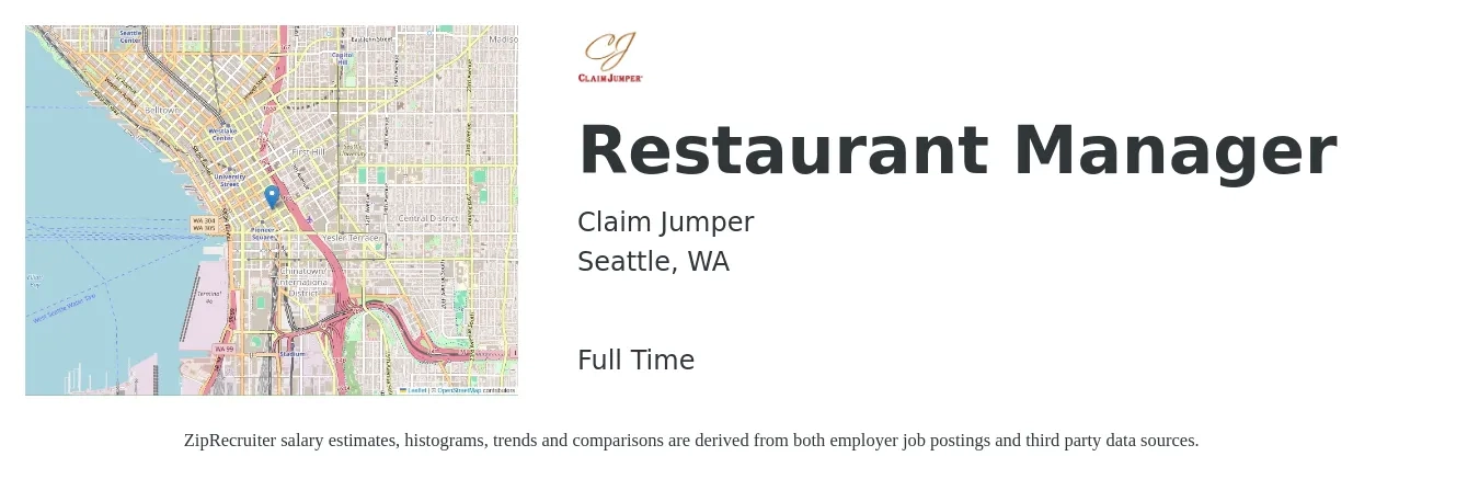 Claim Jumper job posting for a Restaurant Manager in Seattle, WA with a salary of $51,200 to $72,300 Yearly with a map of Seattle location.