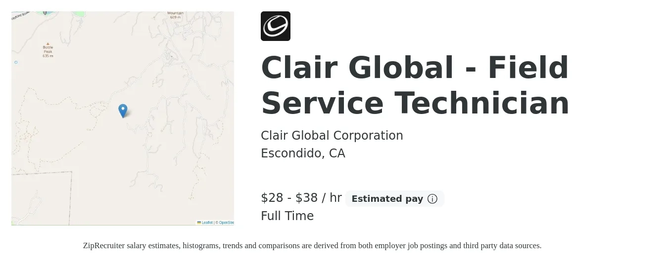Clair Global Corporation job posting for a Clair Global - Field Service Technician in Escondido, CA with a salary of $30 to $40 Hourly with a map of Escondido location.