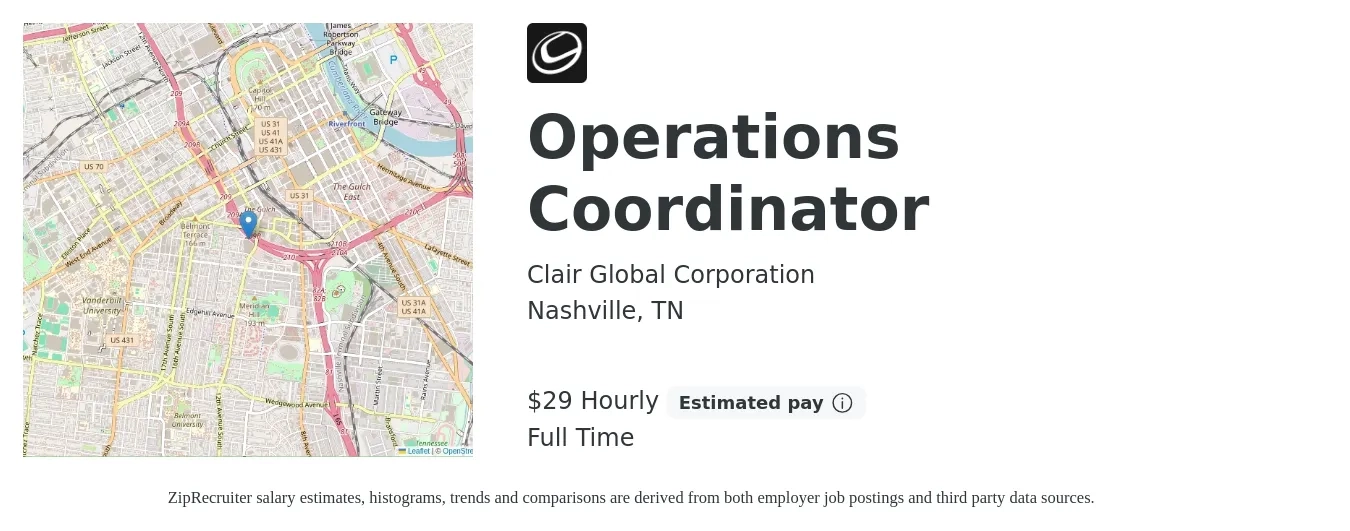 Clair Global Corporation job posting for a Operations Coordinator in Nashville, TN with a salary of $64,000 Yearly with a map of Nashville location.