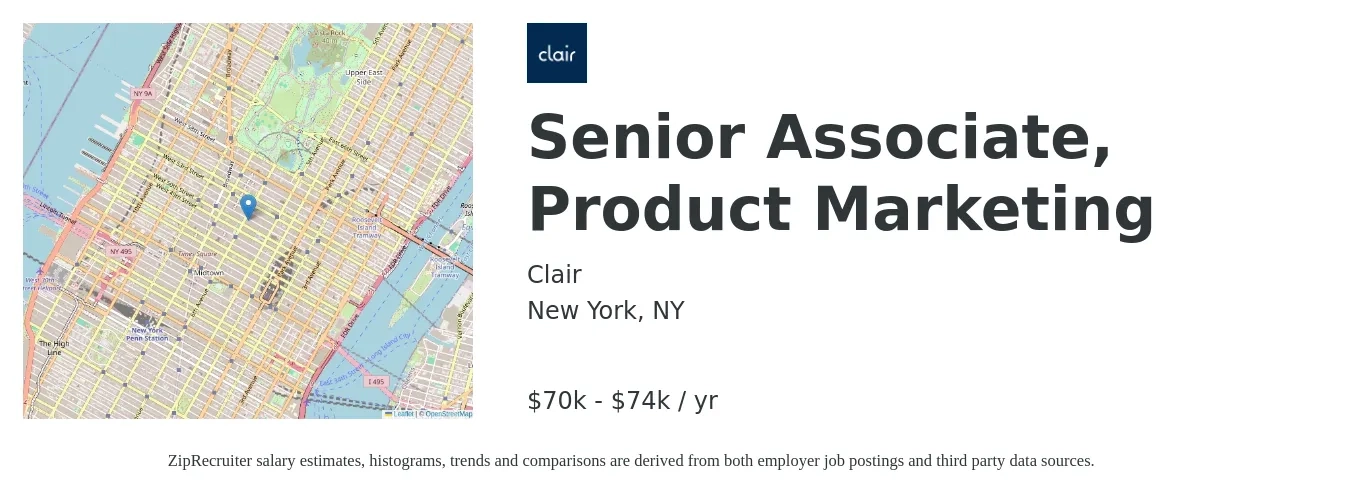 Clair job posting for a Senior Associate, Product Marketing in New York, NY with a salary of $70,000 to $74,000 Yearly with a map of New York location.