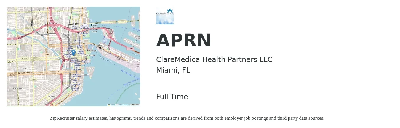 ClareMedica Health Partners LLC job posting for a APRN in Miami, FL with a salary of $89,900 to $125,300 Yearly with a map of Miami location.