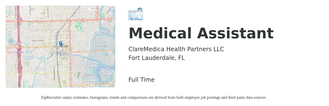 ClareMedica Health Partners LLC job posting for a Medical Assistant in Fort Lauderdale, FL with a salary of $17 to $22 Hourly with a map of Fort Lauderdale location.