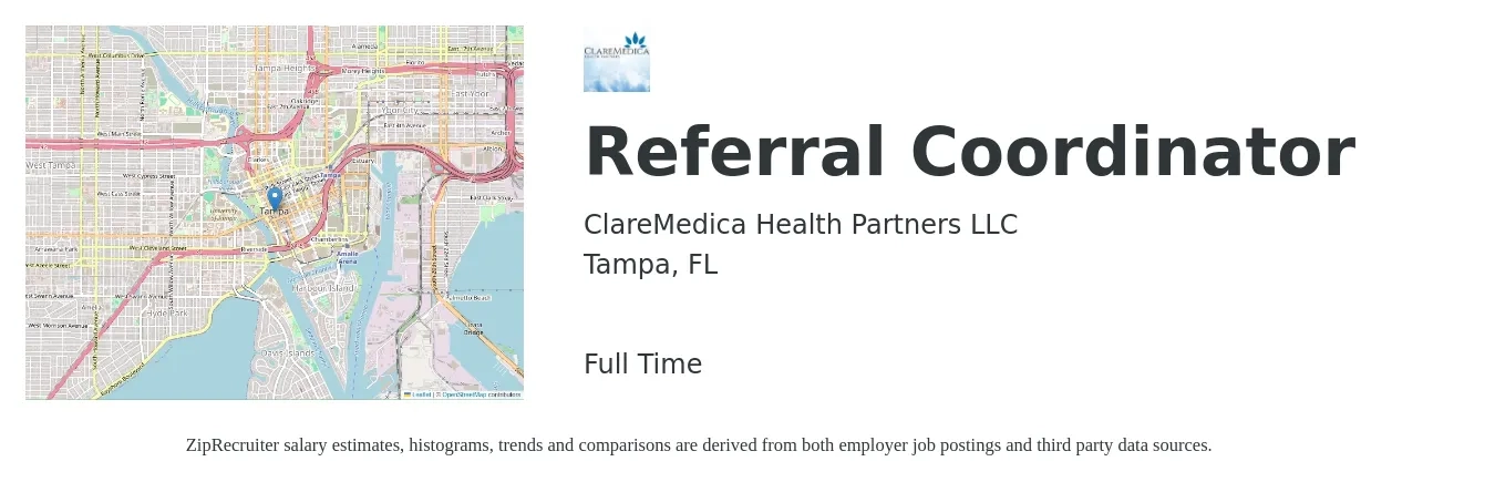 ClareMedica Health Partners LLC job posting for a REFERRAL COORDINATOR in Tampa, FL with a salary of $16 to $20 Hourly with a map of Tampa location.