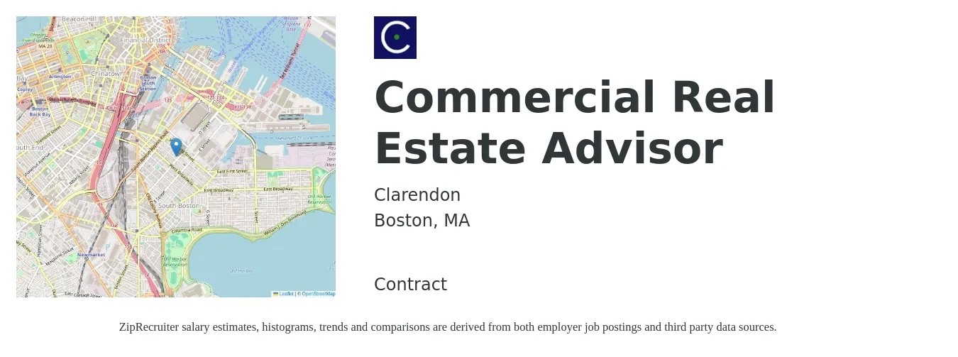 Clarendon job posting for a Commercial Real Estate Advisor in Boston, MA with a salary of $100,000 Yearly with a map of Boston location.