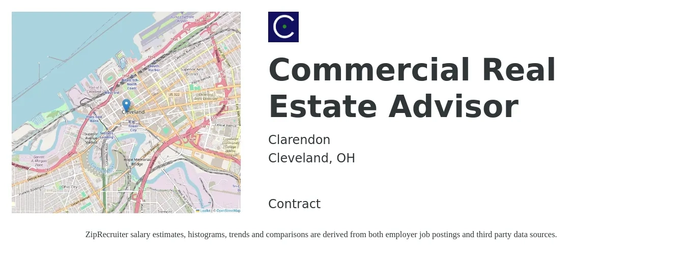 Clarendon job posting for a Commercial Real Estate Advisor in Cleveland, OH with a salary of $100,000 Yearly with a map of Cleveland location.