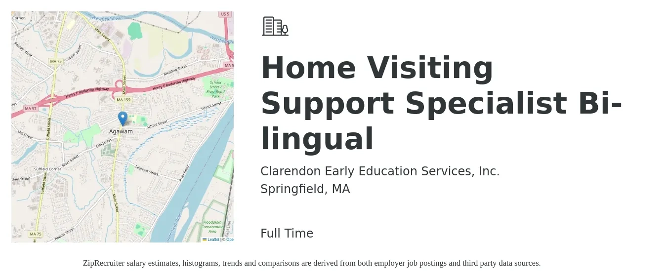Clarendon Early Education Services, Inc. job posting for a Home Visiting Support Specialist Bi-lingual in Springfield, MA with a salary of $18 to $24 Hourly with a map of Springfield location.