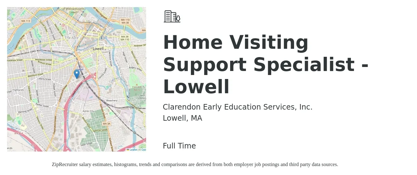 Clarendon Early Education Services, Inc. job posting for a Home Visiting Support Specialist - Lowell in Lowell, MA with a salary of $19 to $30 Hourly with a map of Lowell location.