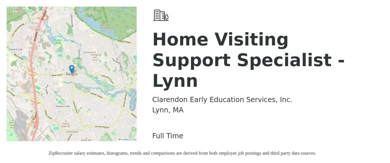 Clarendon Early Education Services, Inc. job posting for a Home Visiting Support Specialist - Lynn in Lynn, MA with a salary of $19 to $30 Hourly with a map of Lynn location.