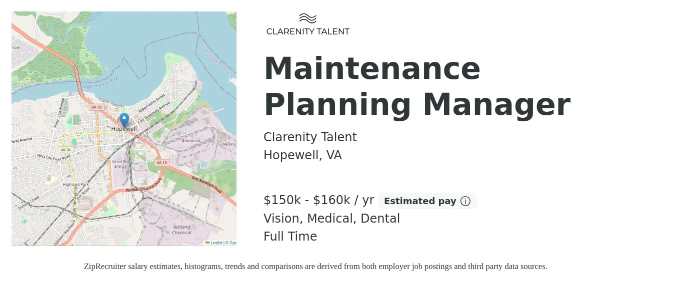 Clarenity Talent job posting for a Maintenance Planning Manager in Hopewell, VA with a salary of $150,000 to $160,000 Yearly and benefits including medical, pto, retirement, vision, dental, and life_insurance with a map of Hopewell location.