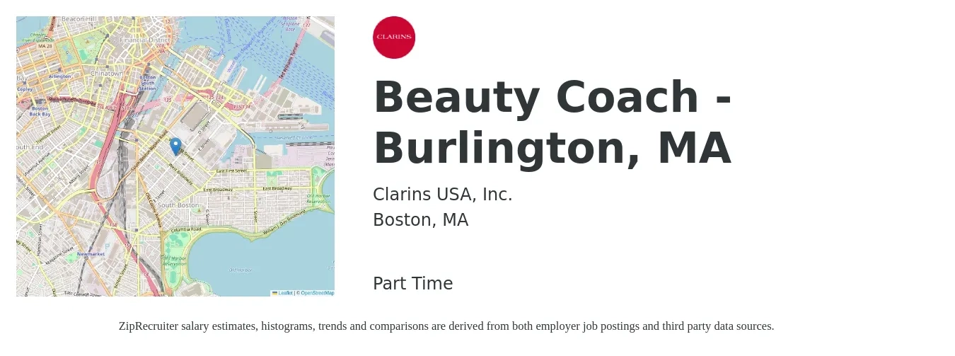 Clarins USA, Inc. job posting for a Beauty Coach - Burlington, MA in Boston, MA with a salary of $64 to $90 Hourly with a map of Boston location.