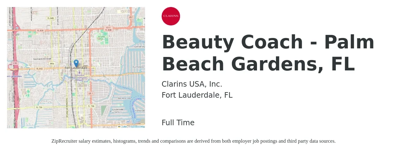 Clarins USA, Inc. job posting for a Beauty Coach - Palm Beach Gardens, FL in Fort Lauderdale, FL with a salary of $16 to $20 Hourly with a map of Fort Lauderdale location.