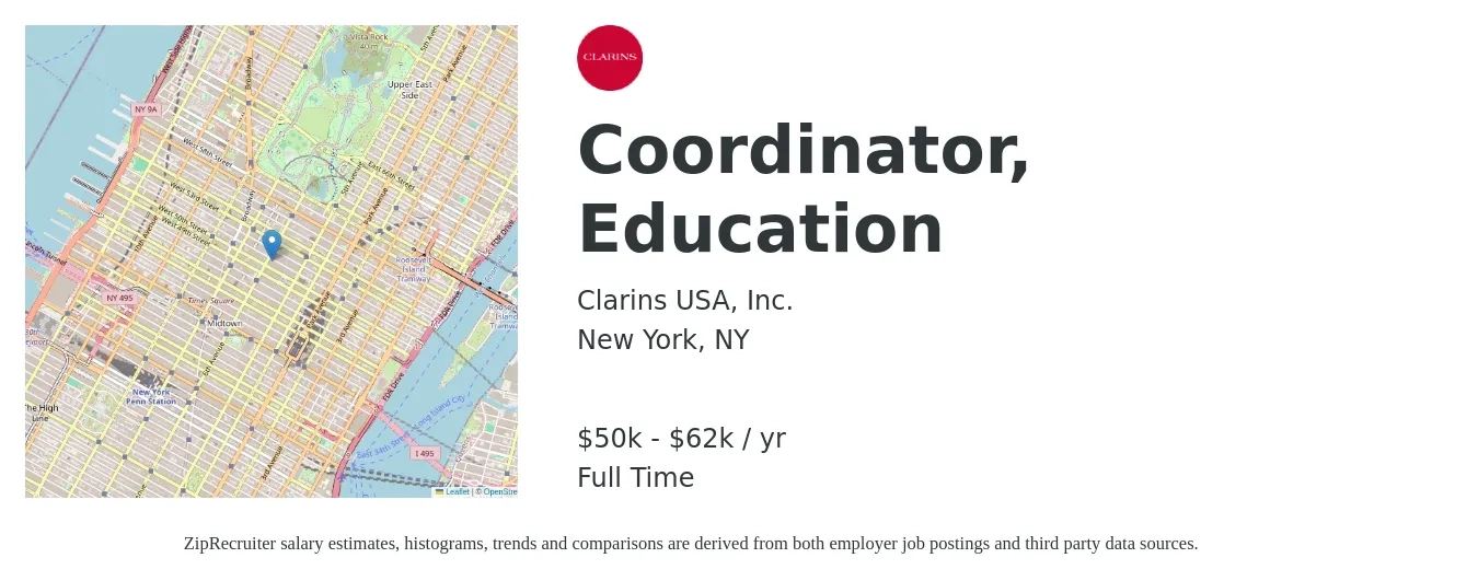 Clarins USA, Inc. job posting for a Coordinator, Education in New York, NY with a salary of $50,000 to $62,000 Yearly with a map of New York location.