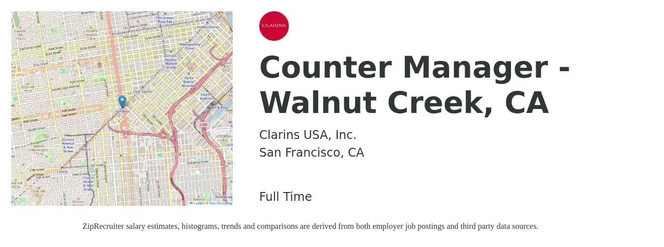 Clarins USA, Inc. job posting for a Counter Manager - Walnut Creek, CA in San Francisco, CA with a salary of $21 to $25 Hourly with a map of San Francisco location.