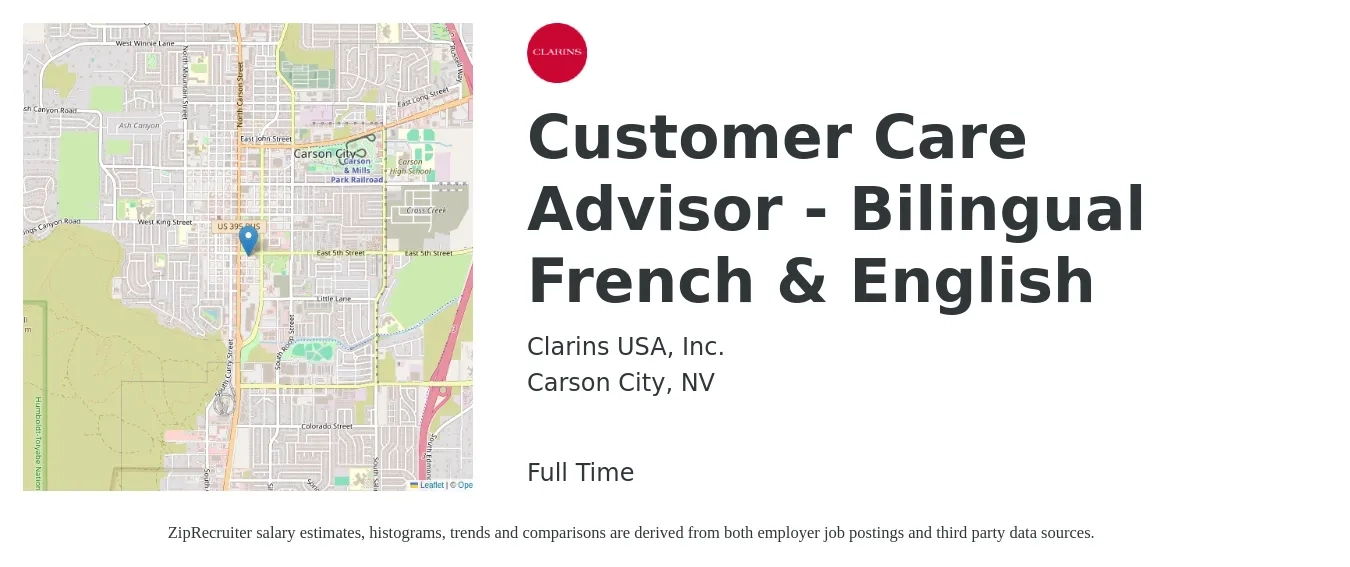 Clarins USA, Inc. job posting for a Customer Care Advisor - Bilingual French & English in Carson City, NV with a salary of $15 to $19 Hourly with a map of Carson City location.