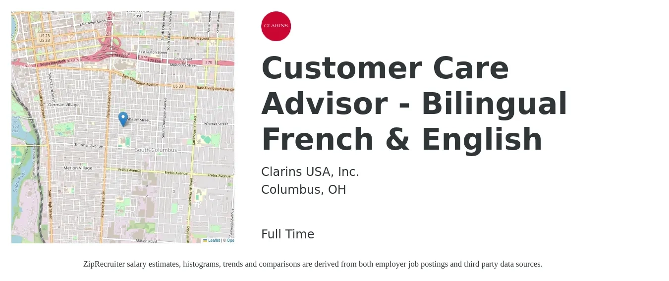 Clarins USA, Inc. job posting for a Customer Care Advisor - Bilingual French & English in Columbus, OH with a salary of $15 to $19 Hourly with a map of Columbus location.