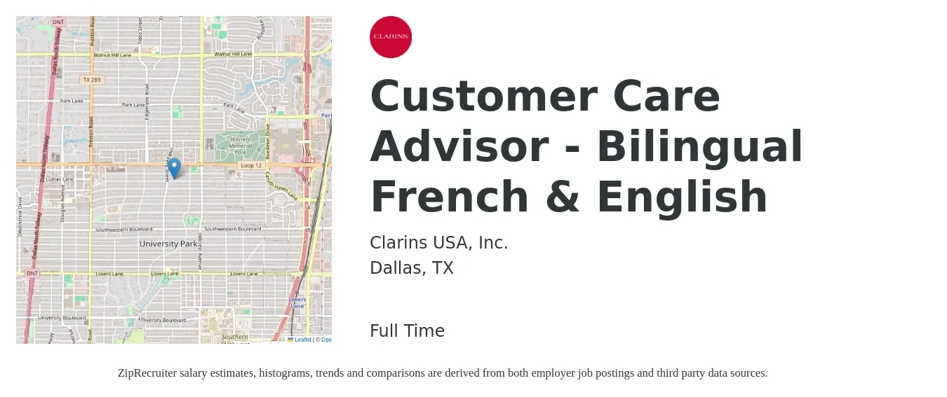 Clarins USA, Inc. job posting for a Customer Care Advisor - Bilingual French & English in Dallas, TX with a salary of $15 to $19 Hourly with a map of Dallas location.