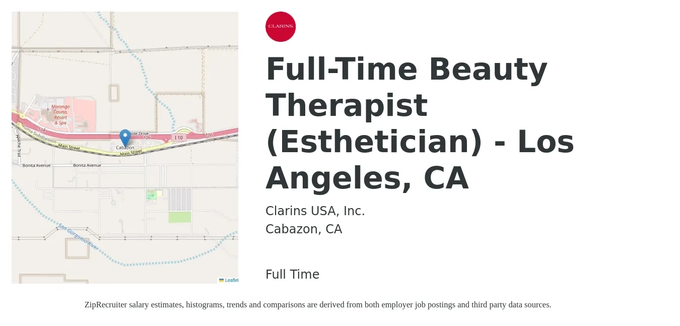 Clarins USA, Inc. job posting for a Full-Time Beauty Therapist (Esthetician) - Los Angeles, CA in Cabazon, CA with a salary of $17 to $30 Hourly with a map of Cabazon location.