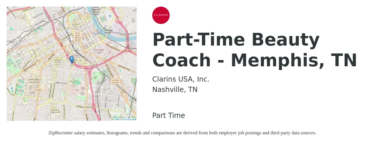 Clarins USA, Inc. job posting for a Part-Time Beauty Coach - Memphis, TN in Nashville, TN with a salary of $14 to $18 Hourly with a map of Nashville location.