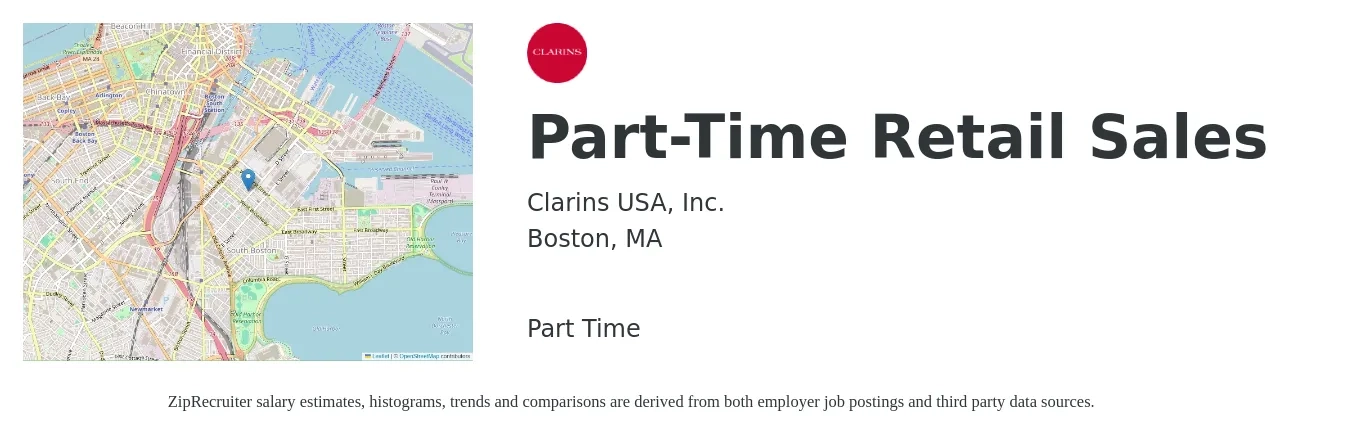 Clarins USA, Inc. job posting for a Part-Time Retail Sales in Boston, MA with a salary of $16 to $19 Hourly with a map of Boston location.