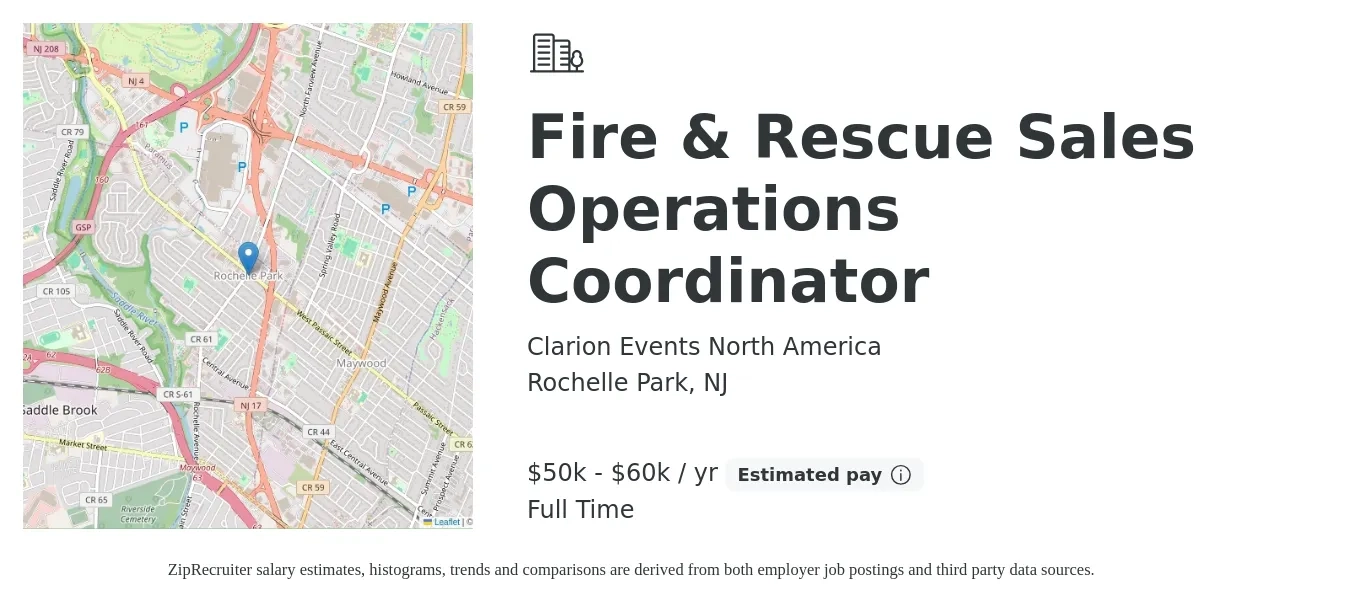 Clarion Events North America job posting for a Fire & Rescue Sales Operations Coordinator in Rochelle Park, NJ with a salary of $50,000 to $60,000 Yearly with a map of Rochelle Park location.