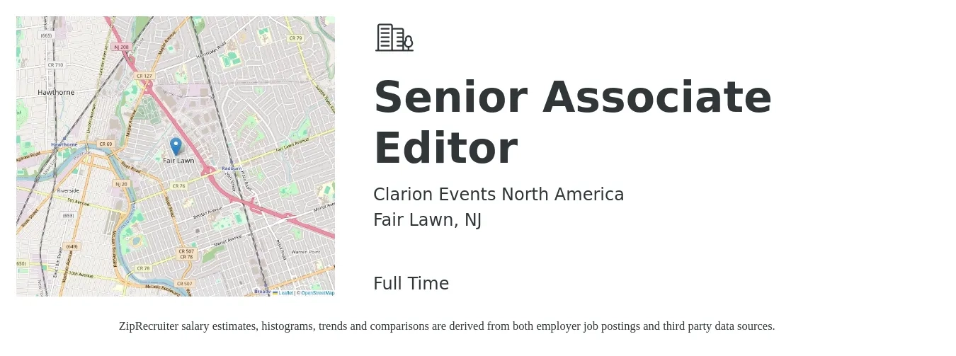 Clarion Events North America job posting for a Senior Associate Editor in Fair Lawn, NJ with a salary of $23 to $32 Hourly with a map of Fair Lawn location.