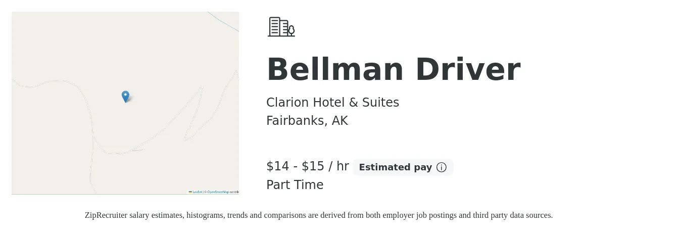 Clarion Hotel & Suites job posting for a Bellman Driver in Fairbanks, AK with a salary of $15 to $16 Hourly with a map of Fairbanks location.