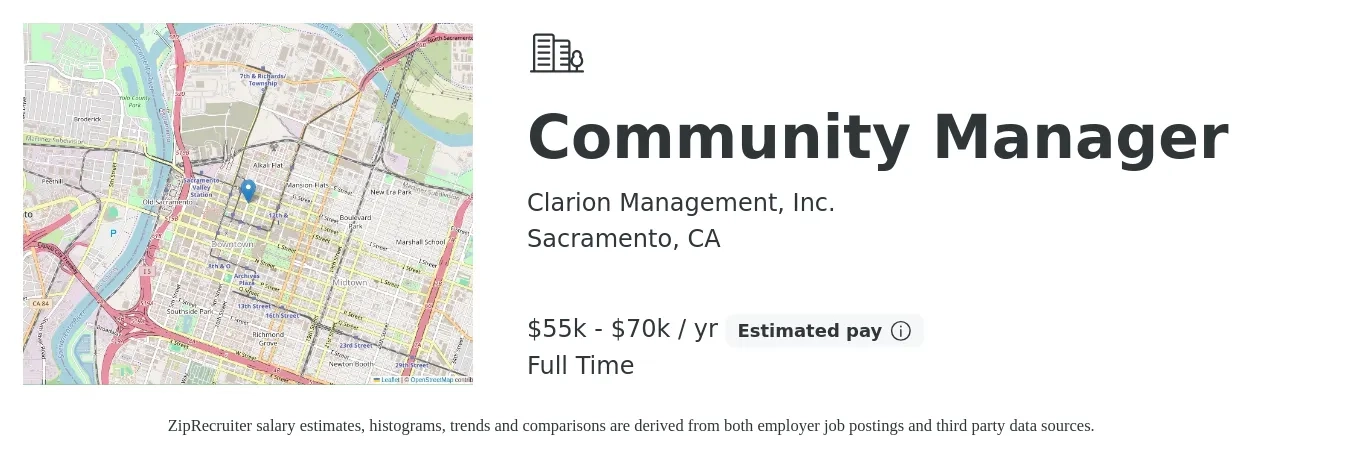 Clarion Management, Inc. job posting for a Community Manager in Sacramento, CA with a salary of $50,100 to $71,400 Yearly with a map of Sacramento location.