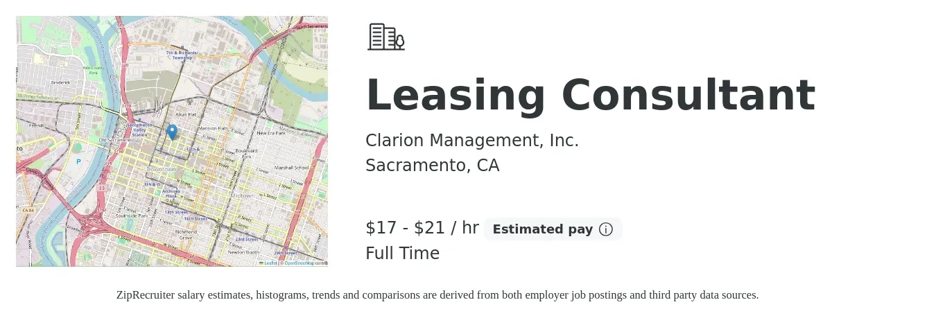 Clarion Management, Inc. job posting for a Leasing Consultant in Sacramento, CA with a salary of $18 to $22 Hourly with a map of Sacramento location.