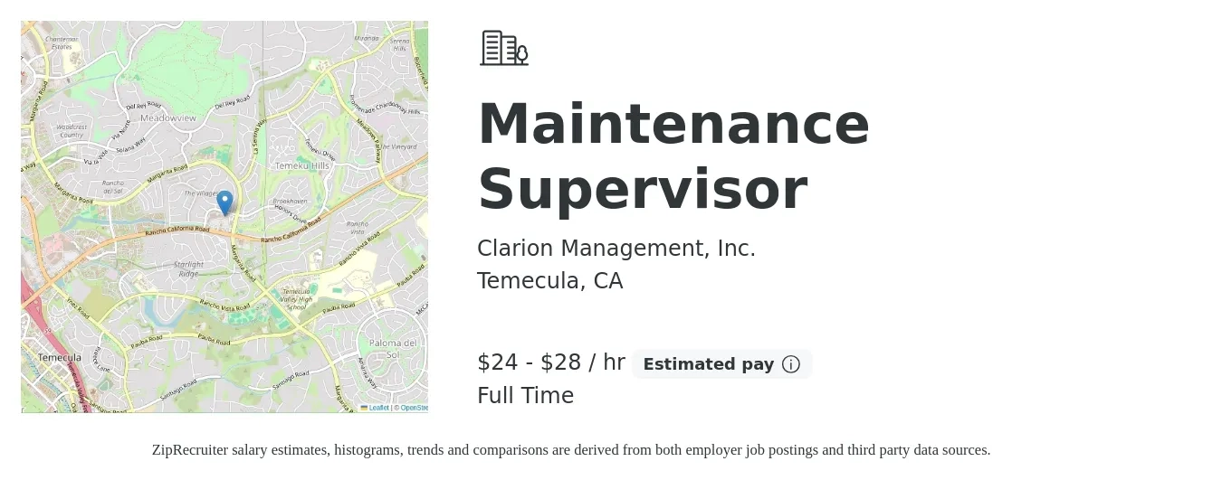 Clarion Management, Inc. job posting for a Maintenance Supervisor in Temecula, CA with a salary of $25 to $30 Hourly with a map of Temecula location.