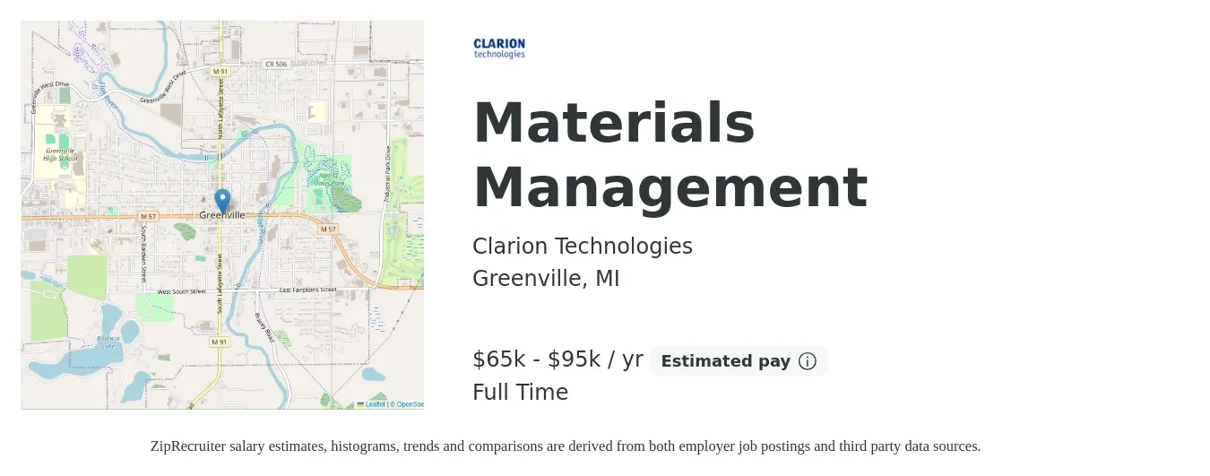 Clarion Technologies job posting for a Materials Management in Greenville, MI with a salary of $65,000 to $95,000 Yearly with a map of Greenville location.