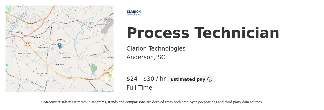 Clarion Technologies job posting for a Process Technician in Anderson, SC with a salary of $25 to $32 Hourly with a map of Anderson location.