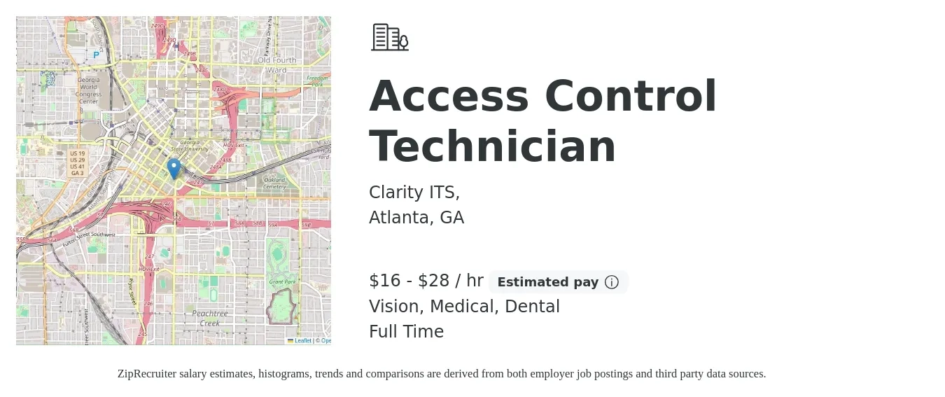 Clarity ITS, job posting for a Access Control Technician in Atlanta, GA with a salary of $17 to $30 Hourly and benefits including dental, life_insurance, medical, and vision with a map of Atlanta location.