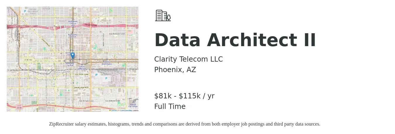 Clarity Telecom LLC job posting for a Data Architect II in Phoenix, AZ with a salary of $81,000 to $115,000 Yearly with a map of Phoenix location.