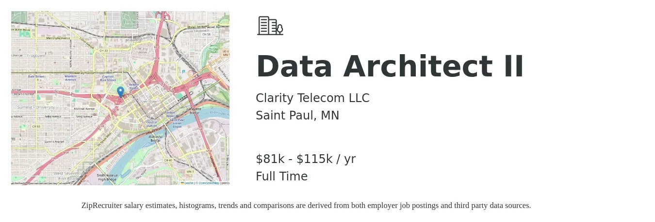 Clarity Telecom LLC job posting for a Data Architect II in Saint Paul, MN with a salary of $81,000 to $115,000 Yearly with a map of Saint Paul location.