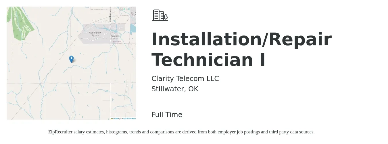 Clarity Telecom LLC job posting for a Installation/Repair Technician I in Stillwater, OK with a salary of $17 to $22 Hourly with a map of Stillwater location.