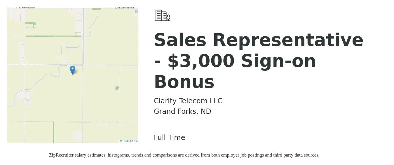 Clarity Telecom LLC job posting for a Sales Representative - $3,000 Sign-on Bonus in Grand Forks, ND with a salary of $38,200 to $66,800 Yearly with a map of Grand Forks location.