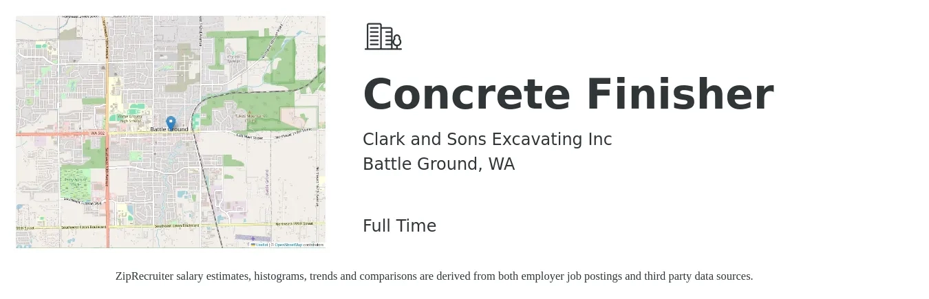 Clark and Sons Excavating Inc job posting for a Concrete Finisher in Battle Ground, WA with a salary of $80,000 to $100,000 Yearly and benefits including dental, medical, retirement, and vision with a map of Battle Ground location.